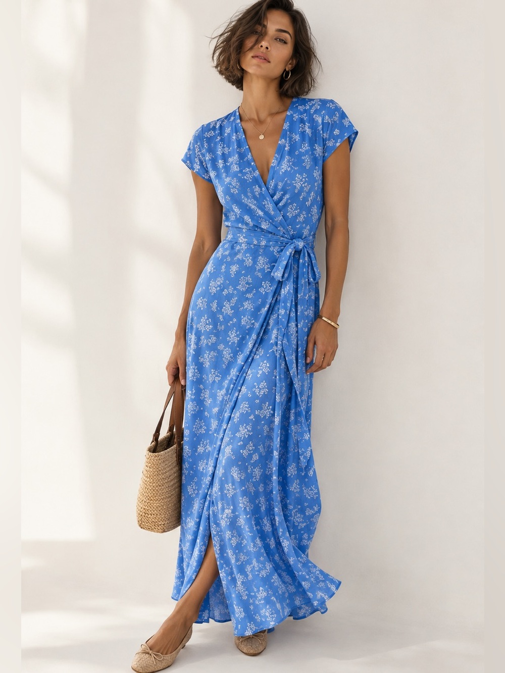 & Other Stories La Loma Blue Floral Wrap Midi Dress with Waist Tie